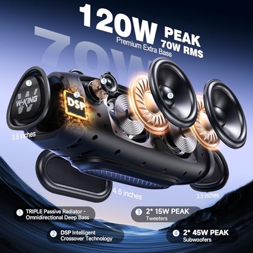 Image of W-KING Portable Bluetooth Speaker Wireless,120W Max IPX6 Waterproof Outdoor Loudest Speaker Party Boombox,Triple Passive Radiators-70W Omnidirectional Deep Bass /2 Subwoofer /42H /PowerBank /TF /AUX /Opener