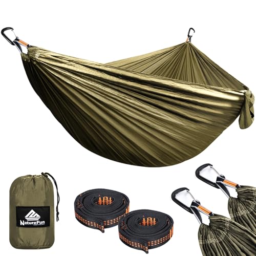NatureFun Ultra-Light Travel Camping Hammock | 300kg Load Capacity,(300 x 200 cm) Breathable,Quick-drying Parachute Nylon | 2 x Premium Carabiners,2 x Nylon Slings Included | For Outdoor Indoor Garden