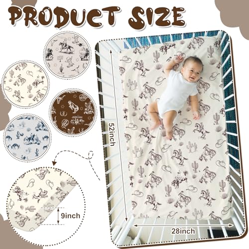 Image of VitalCozy 4 Pcs Vintage Western Cowboy Crib Sheet Set Newborn Bedding Nursery Baby Sheets for Girl Boys Baby Gifts for Standard Crib and Toddler Mattresses, 52 x 28 x 8 Inches