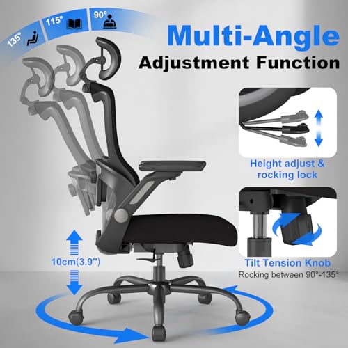 Image of Ergonomic Office Chair, High Back Home Desk Chair with Adjustable Lumbar Support, Flip-Up Arms, Headrest, 90-135 Tilt Lock, Wide Big and Tall Mesh Computer Seating with Wheels