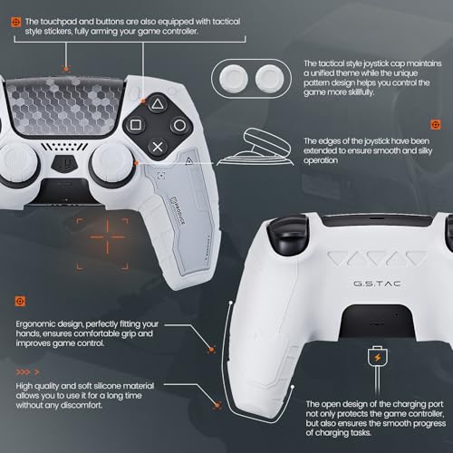 Image of GeekShare G.S.TAC Tactical PS5 Controller Skin Set, Non-Slip Soft Silicone Protective Cover Case for PS5 Wireless Controller with 2 Thumb Grip Caps and 2 Stickers (White)
