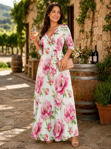 Image of Plus Size Maxi Dress for Women V Neck Flowy Dresses with Pockets for Wedding Guest Church