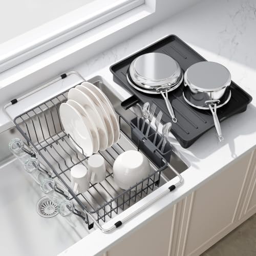 Image of JASIWAY Gray Dish Drying Rack in Sink with Drainboard and Utensil Holder