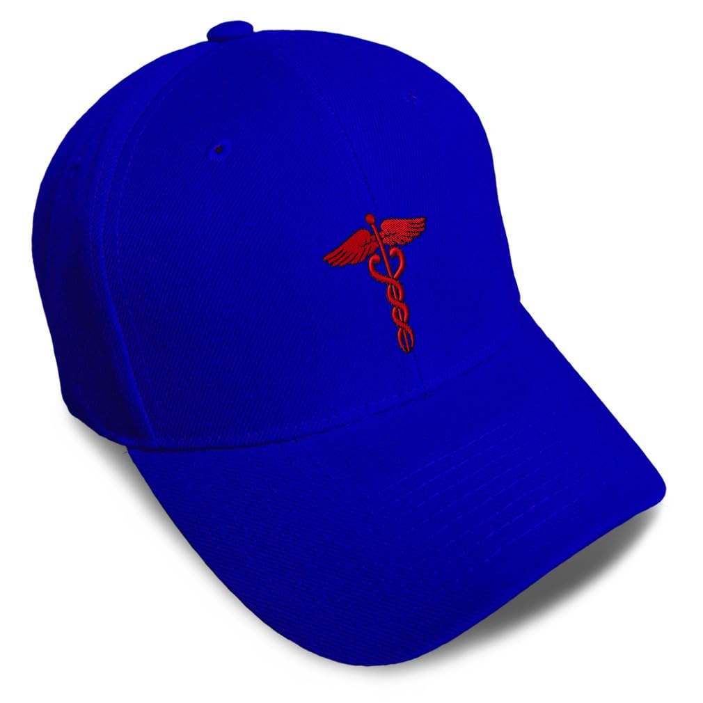 Baseball Caps for Men & Women Embroidered Red Medical Caduceus Symbol Embroidery Ladies & Men Baseball Hats Acrylic Royal Blue Design Only