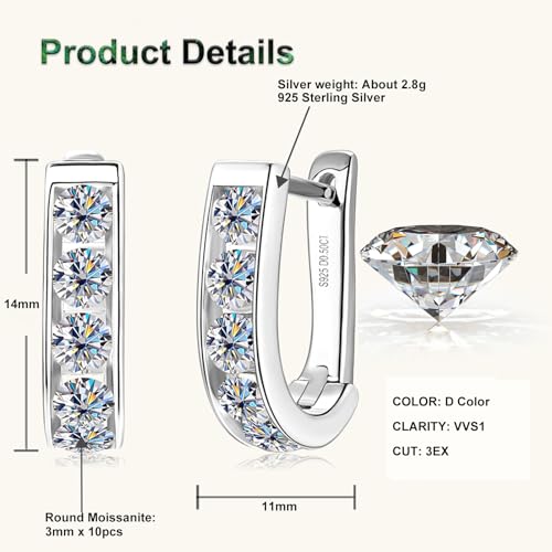 Moissanite Huggie Square Hoop Earrings for Women or Men 1.0cttw D Color VVS1 Clarity 925 Sterling Silver U-Shaped Earrings3