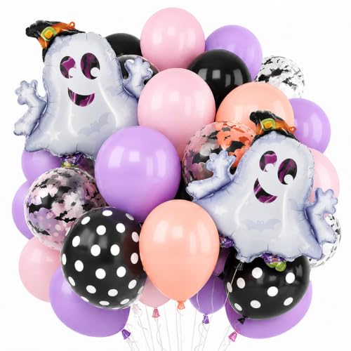 Image of Halloween Party Balloons Black Purple Pink with Bat Ghost Balloons | Pastel Halloween,Ghouls Night Decor,Girls Spooky One,Cute Birthday Party,Baby Shower Decorations