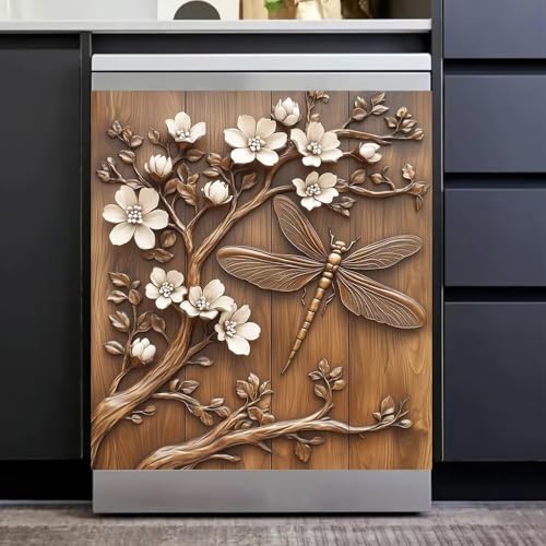 Farmhouse Dragonfly Dishwasher Magnet Cover, Rustic Wood Floral Barn Dishwasher Covers for The Front Magnetic Decal,23 x 26 inch,Fridge Door Skin Appliance Stickers for Kitchen Decor