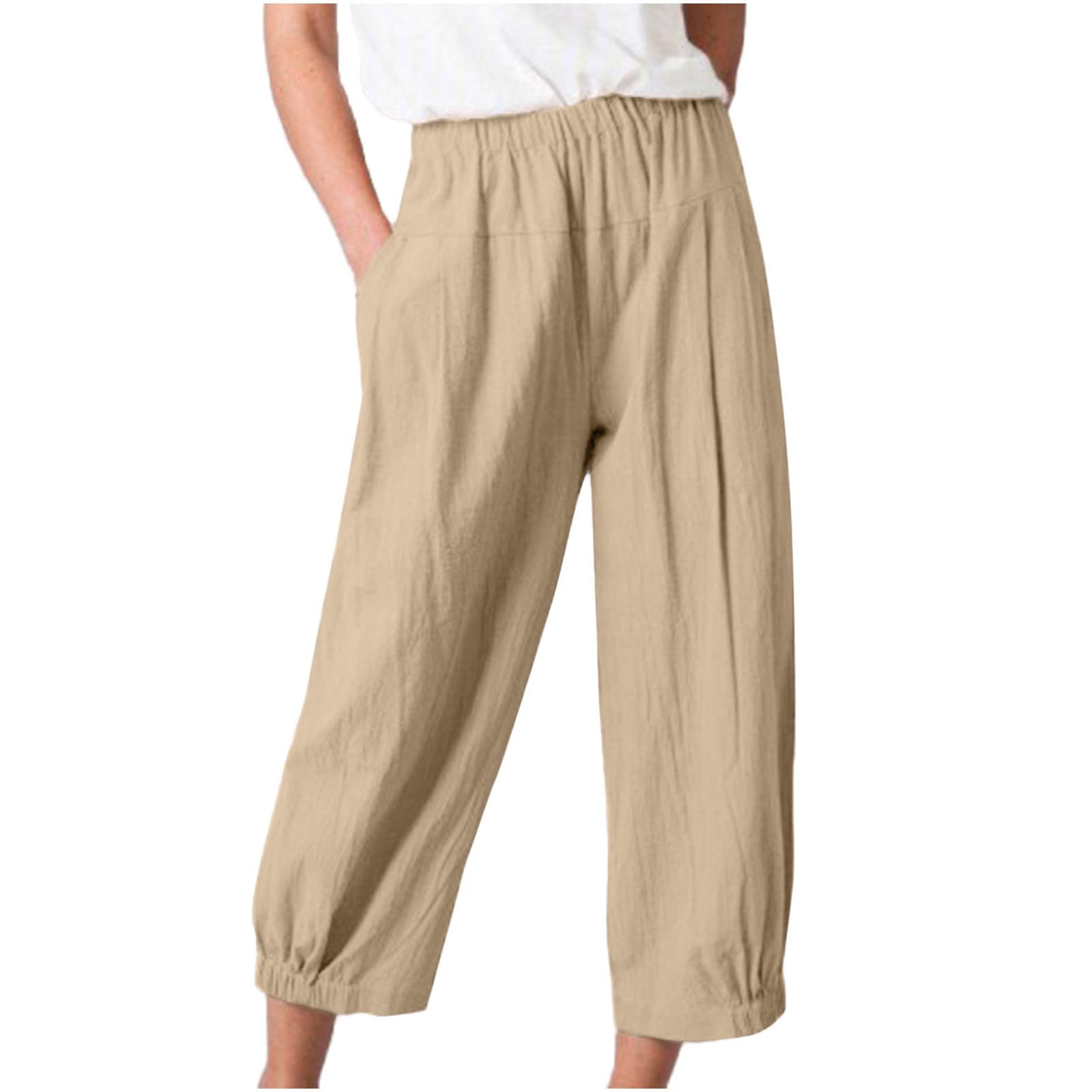 Capri Linen Pants Womens Wide Leg Yoga Pants with Pockets Cinch Bottom Athletic Workout Joggers Cropped Trousers Khaki