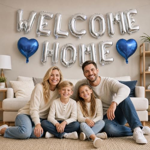 Image of TONIFUL 16 Inch Silver WELCOME HOME Foil Letter Balloons with 2pcs Dusty Blue Heart Balloons for New Home Housewarming, Military Homecoming, Retirement, Welcome Back Party Decorations