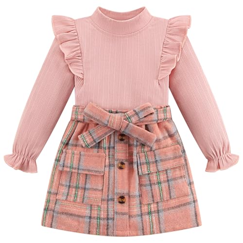Image of Weixinbuy Toddler Girl Fall Winter Clothes Solid Long Sleeve Ribbed T-Shirt Knit Tops Plaid Button Mini Skirts Set Outfits