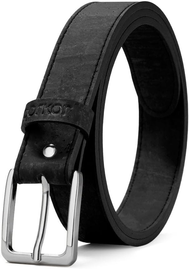 Corkor Women's Cork Belt 1 1/8" – Brown & Black Strap with Silver & Gold Nickel-Free Buckle, Vegan Leather Alternative
