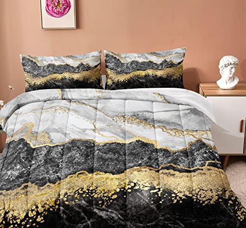 Bducok Marble Comforter Set Full Size 1 Comforter 2 Pillow Cases,Black White Gold Abstract Marble Print Bedding Set Soft Microfiber Filling Black Marble Bstract Bedding For Bedroom Modern Decor #TOP2