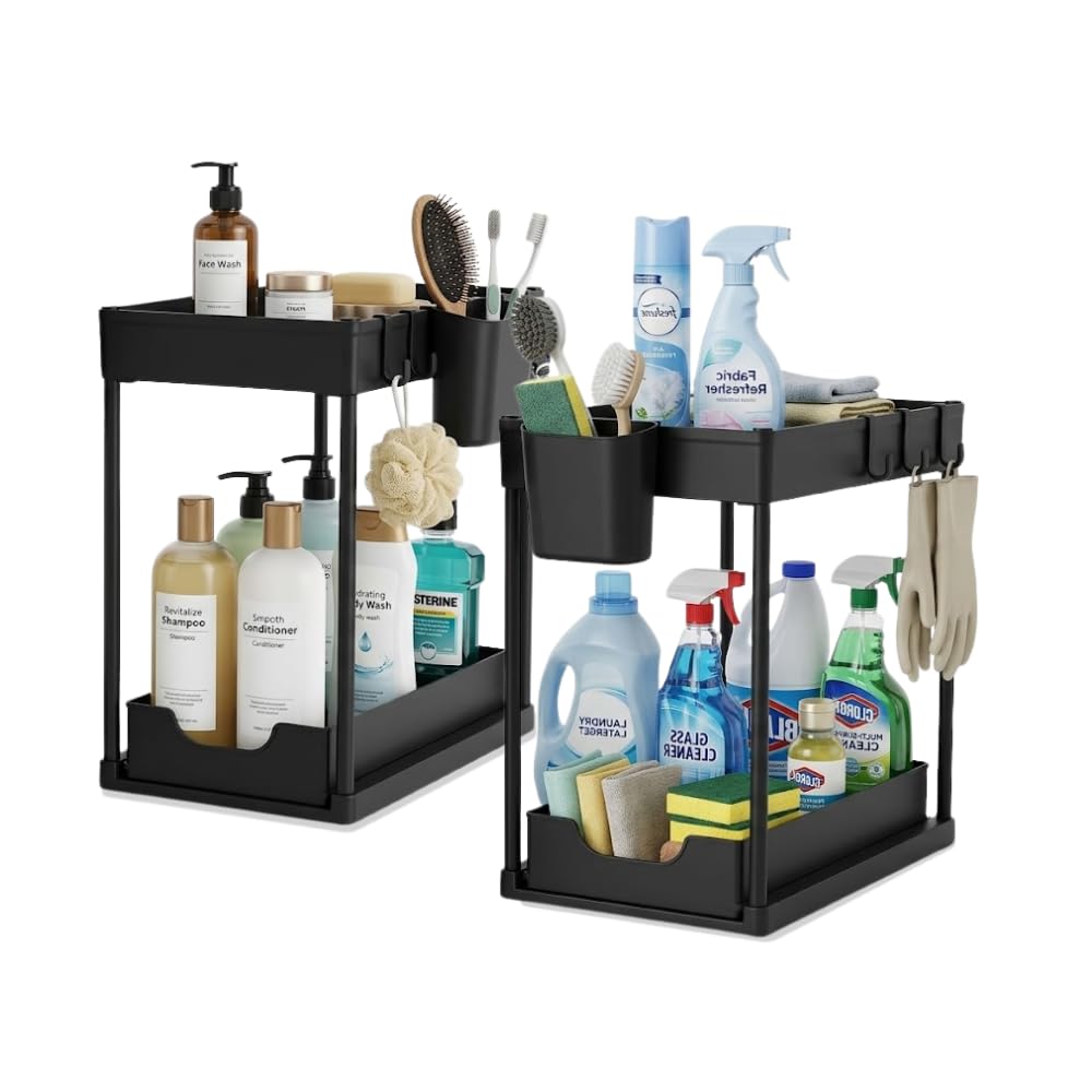 M&W Home Solutions 2 Pack Under Sink Organiser, 2 Tier Pull Out Sliding Storage Rack with Hooks & Side Holder, Kitchen & Bathroom Cupboard Organisation, Under Cabinet Space Saving Shelf Black