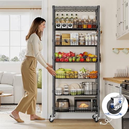 Image of DurayLoly 7-Tier Wire Shelving Unit with Basket Shelf & Locking Wheels, Storage Shelves with Hooks for Space-Saving Kitchen Pantry Bathroom Closet Organizer, 72 inch H x 30 inch W x 14 inch D, Black