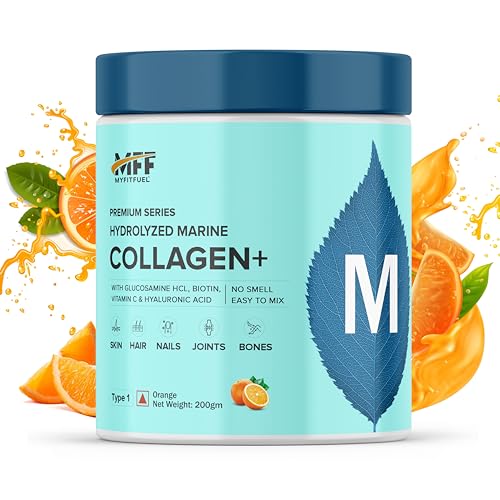Image of MyFitFuel Hydrolyzed Beauty Marine Collagen Peptides (200gm, Orange) with Biotin, Hyaluronic Acid, Zinc, Vitamin C & Glucosamine | For Skin, Hair, Nails & Joints