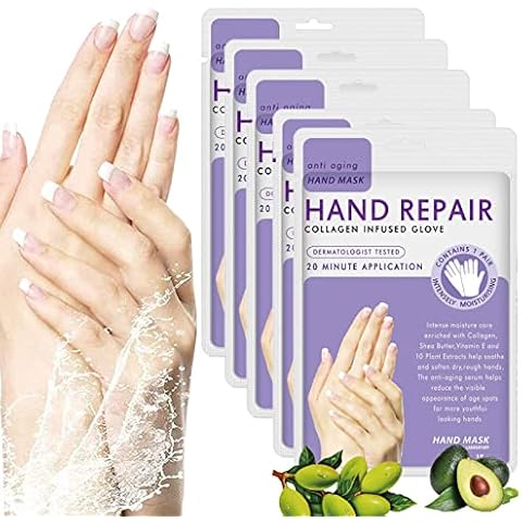 Handmasken, 5 Paar feuchtigkeitsspendende Handschuhe, Peeling-Handmasken, pflegende, weiche Handpflege, für trockene und rissige Hände (Lavendel) Cover