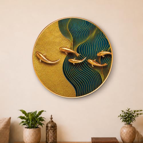 Image of PAINTINGMANTRA vastu koi Fish Wall Art Painting for Living Room, Teal Waves & 3D Effect Swimming Fish Round Shape Framed Wall Painting for Home Decor, Bedroom, Hall & Office, 16 Inch