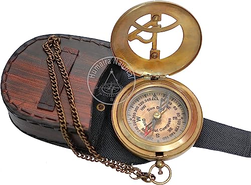 Brújula de brújula de sol de latón con estuche de cuero y cadena miniatura 4