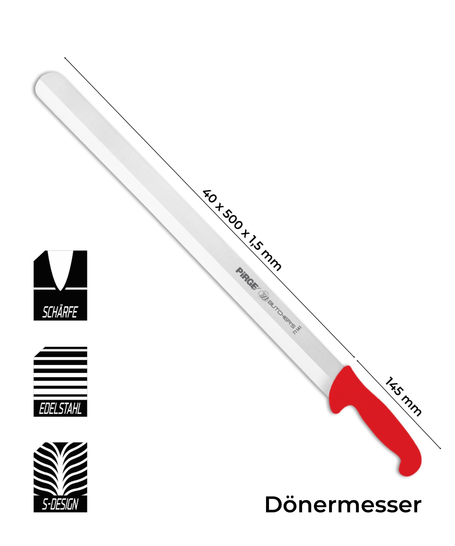 Pirge Cuchillo de carnicero kebab con afilado hueco, 50 cm, rojo - cuchillo de rebanar - cuchillo largo para kebabs más afilados - cuchillo de corte - cuchillo de carne
