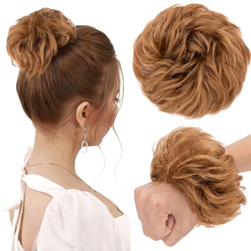 TESS Chignon Capelli Veri Ricci Posticci Donna con Elastico Hair Bun Finto Gonfio Extension Accessori Capelli 30g #30 Ramato Chiaro