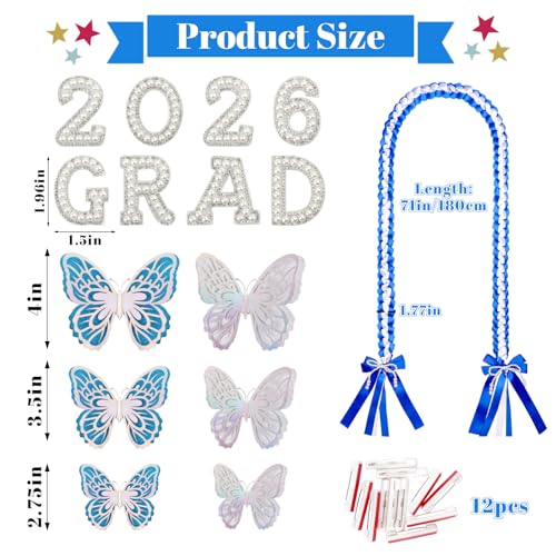 Image of Class of 2026 Graduation Leis,Blue& White Bow Pearl Graduation Lei Ribbon with DIY Butterfly Pin Accessories,Her Graduation Gifts for Woman Graduate