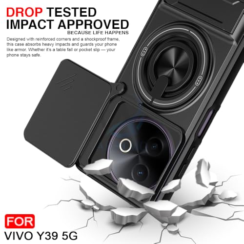 Image of AESTMO VIvo Y39 5G Back Cover | Armor Camera Slider 360 Degree Rotating Finger Ring Holder Case with Bracket Stand Back Case Cover (Compatible with MagSafe Accessories) (Black)