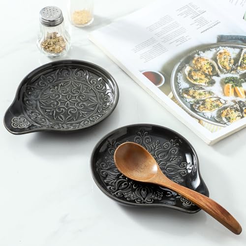 Image of Farmhouse Ceramic Spoon Rests Holder for Kitchen Counter Stove Top (Black-A3)