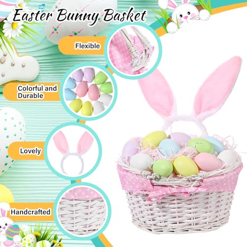 Image of SiliFine Easter Bunny Gift Basket Set Include Wicker Basket with Liner Gingham, Easter Bunny Headband, Easter Eggs, Raffia Paper Grass, Easter Gift for Party Favor Decoration(Pink)