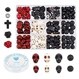arricraft 203 Pcs Halloween Skull Gemstone Beads Kits, Natural Lava Rock Synthetic Turquoise Cross Bead Flower Rose Bead Tibetan Style Beads for Jewelry Making Bracelets Necklaces DIY Crafts