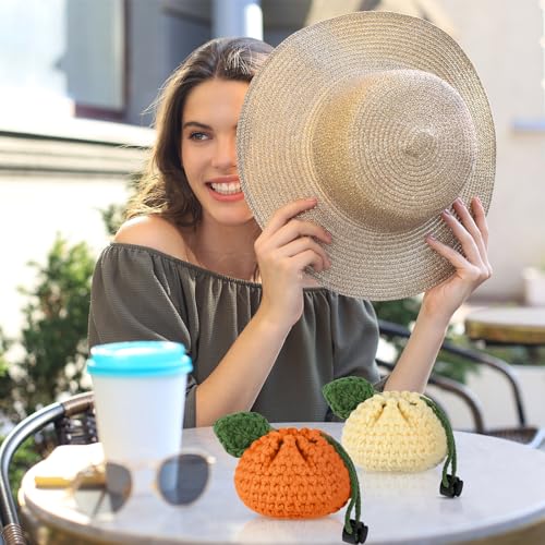 Lyrow 2 Pcs Small Crochet Purses Handmade Cute Coin Purse Tangerine Shaped Storage Bag Mini Drawstring Change Pouch Knitting Woven Wallet for Women Keychain Earbuds Dice, Orange and Yellow 6