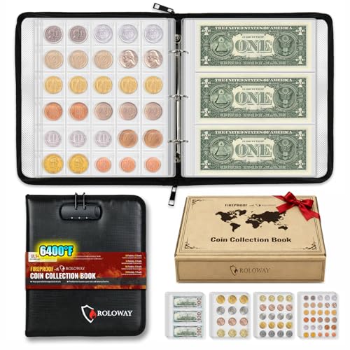ROLOWAY Coin Collection Book 6400℉ Heat Insulated, 346 Pockets Fireproof Coin Book Holder and 36 Paper Currency Album with Aluminum Foil Layer, Money Saving Coin Collector Book with Lock (Black)