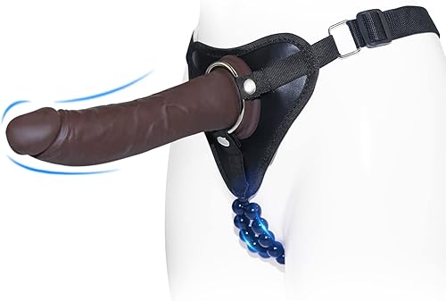 Consolador con correa para parejas y lesbianas, consolador de silicona realista de 8.3 pulgadas con arnés con cuentas de masaje y anillo de metal,