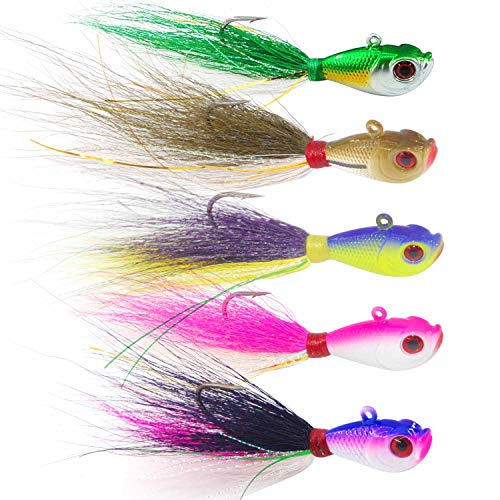 SILANON Bucktail Jigs Fluke Lures Saltwater,5PCS Mixed Color Bucktail Fishing Lure Baits Assorted