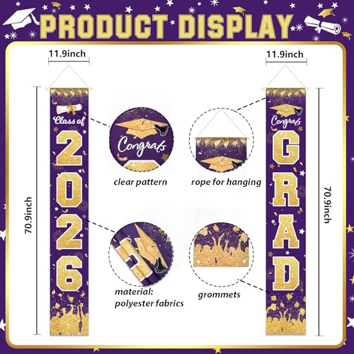 Image of 2026 Graduation Party Decorations - Purple Gold Class of 2026 Congrats Grad Porch Sign Banner Hanging Flag Graduation Party Supplies for School College Classroom Decor