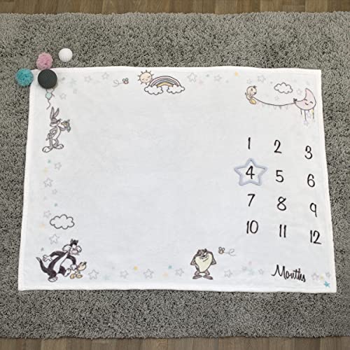 Image of Warner Brothers Looney Tunes Best Buds White with Pastel Blue, Pink, and Yellow Bugs Bunny, Tweety, Tasmanian Devil, and Sylvester The Cat Milestone Blanket