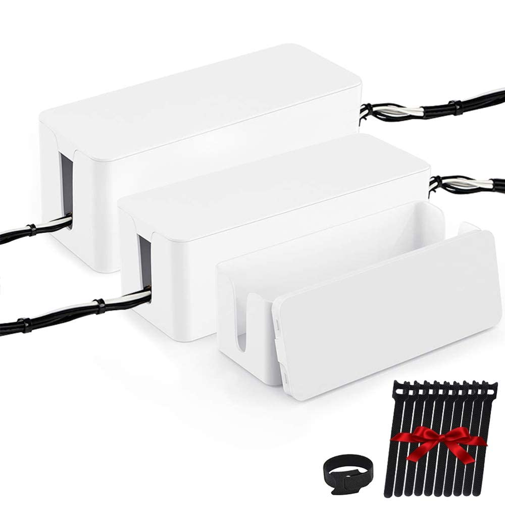 [Set of Three] Cable Management Boxes Organizer, Large Storage Wires Keeper Holder for Desk, TV, Computer, USB Hub, System to Cover and Hide & Power Strips & Cords (Ice White)