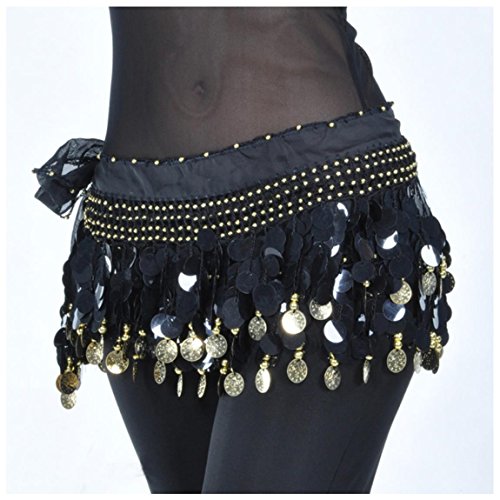 Image of VRITRAZ Women's Chiffon Belly Dance Hip Scarf Waistband Belt Skirt Mixed Colors Beads and Golded Coins 56 Black