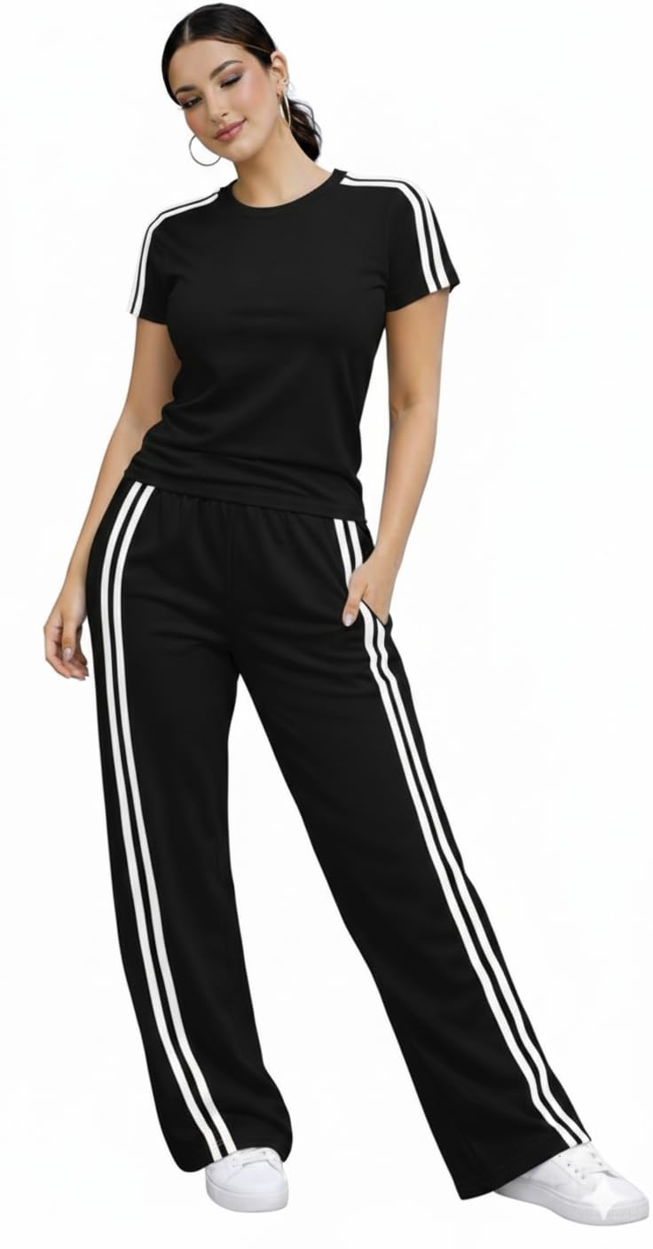 Women's Track Suit Set - Sportswear Top & Bottom Set | Workout Gym Tshirt Track Suit Pants for Girls | Tshirt for Women Gym pants for women Track Suit (IN, Alpha, S, Regular, Black)