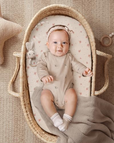 Image of Blissful Diary Muslin Bassinet Sheets, 2 Pack, Pink Floral & Light Pink | fitted for bassinet mattress, soft and breathable cotton, boho style, easy care for machine wash, gift for boy and girl