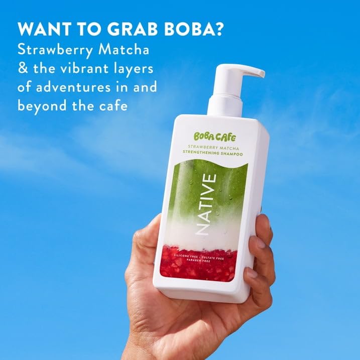 Native Strengthening Shampoo, Limited Edition Strawberry Matcha, Sulfate Free Shampoo for Women and Men, Boba Café, 16.5 fl oz with Travolle Dispenser Pump