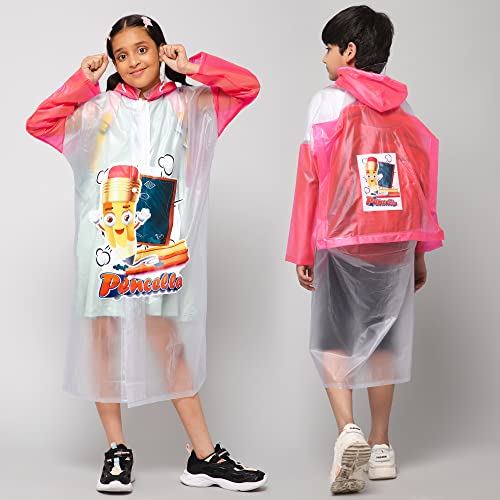 Image of THE CLOWNFISH Toon Caper Series Kid's Waterproof PvcLong Length Coat With Adjustable Hood & Extra Space For Backpack /Schoolbag Holding. Printed Plastic Pouch.