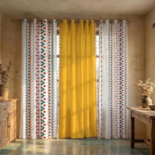 Image of Urban Space 100% Cotton Geometric Curtains For Door, Set Of 3 Curtains 8 Feet Long, 60-65% Room Darkening Curtain, Tieback & Eyelets Included With Curtain (Ikat Orange & Aura Yellow, Door- 8 Ft)