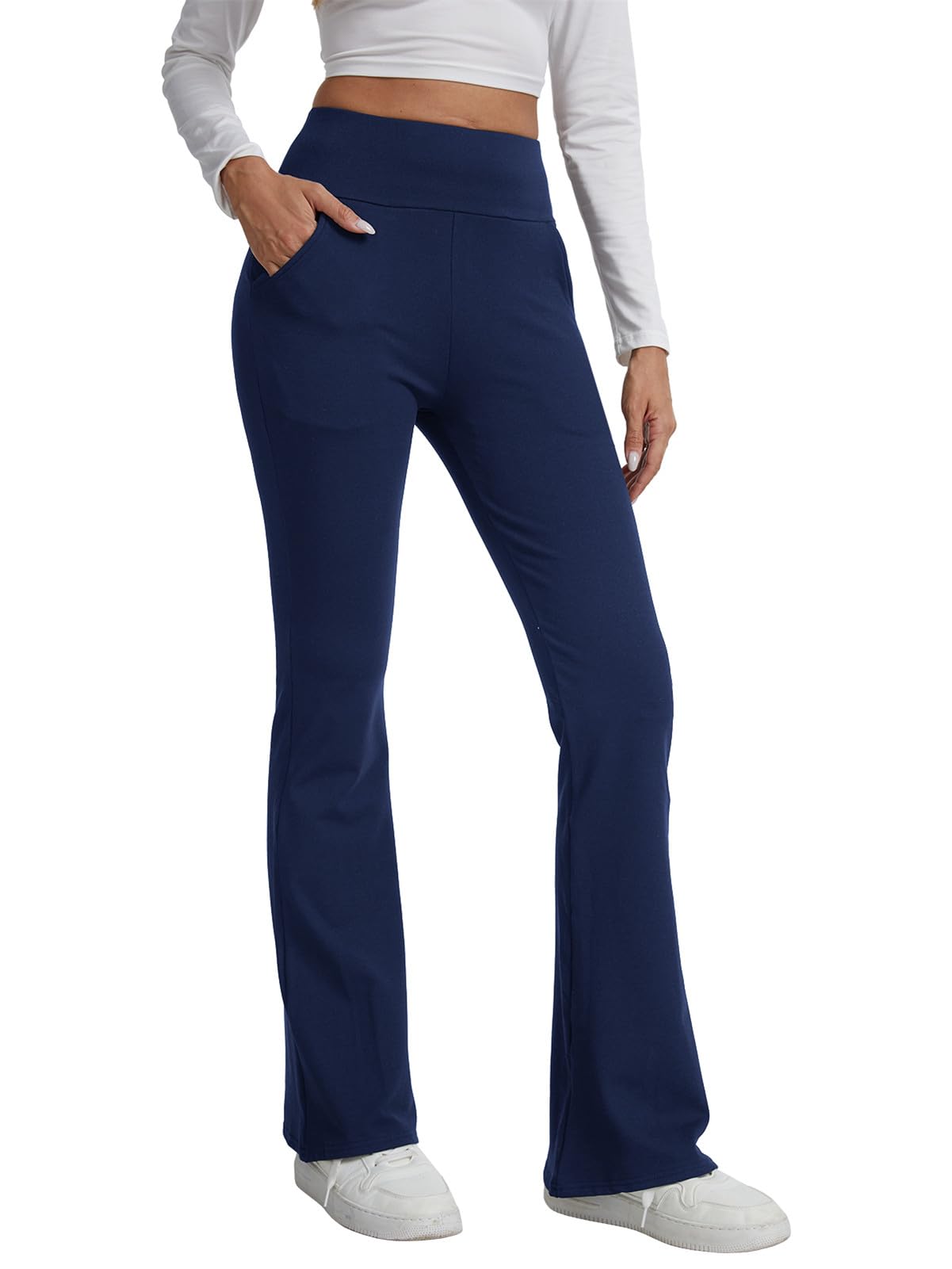 TMEOG Fleece Flared Leggings Damen mit Taschen Schlaghose Bauchkontrolle | Yogahose Hohe Taille Sporthose Thermo Gefütterte für Yoga Gym Sport