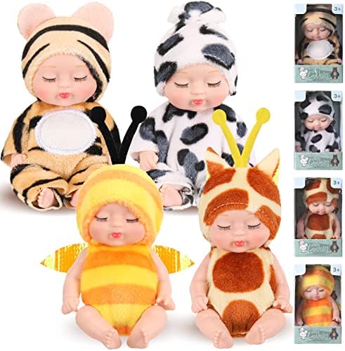 Hanaive 4 Pcs 4 Inch Mini Baby Dolls Lifelike Realistic Baby Dolls Animal Clothes Cute Tiny Babies Gifts Set for Girls Boys Toddlers Kids 3+ Kindergarten Back to School Birthday Gift (Print Style)