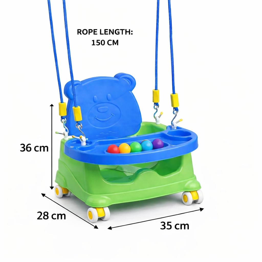Braintastic Baby Booster Seat Cum Hanging Swing for Kids | 2-in-1 Toddler Feeding Chair with Tray, Rope and Wheels | Plastic Baby Seat for Infants 6 Months to 3 Years (Green) 3