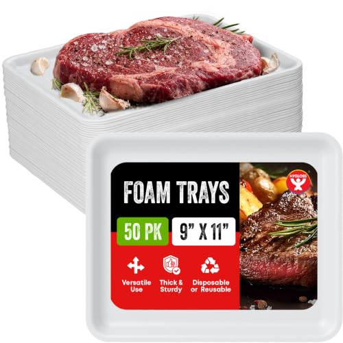 Hygloss White Foam Trays for Food & Crafts 9 x 11 Inch Pack of 50 Multipurpose Rectangle Foam Meat Trays for Food Prep Vacuum Sealing Gardening & Classroom Sturdy Disposable & Reusable