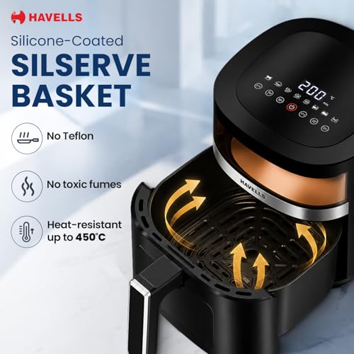 Image of Havells Prolife Stellar Chef Digital 5.5L Airfryer| Top Viewing Window| Silicon Coated Basket - No toxic fumes| Aerocrisp Technology| 3kV Surge Protection| Powered by Safeserve