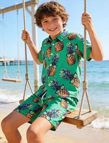 Image of UNICOMIDEA Boys Hawaiian Outfits Tropical Print Button Down Shirt + Swim Trunks 2 Piece Sets for 5-12T Kids