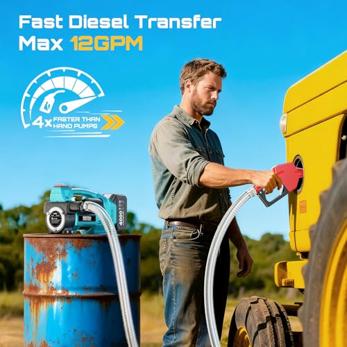 Image of SEESII Diesel Transfer Pump Battery Powered: 12GPM Cordless Electric Fuel Transfer Pump Kit w / 4.0Ah Battery & Auto-Stop Nozzle, 2 Hoses & Filter for Diesel Kerosene Portable Fueling on Farm Boat Home