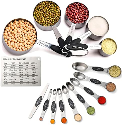 AOFUXTI Measuring Cups and Spoons Set - Stainless Steel, 5 Measure Cups, 8 Double Sided Magnetic Measure Spoons, 1 Leveler & Measurement Conversion Chart, Kitchen Gadgets for Cooking & Baking, Black